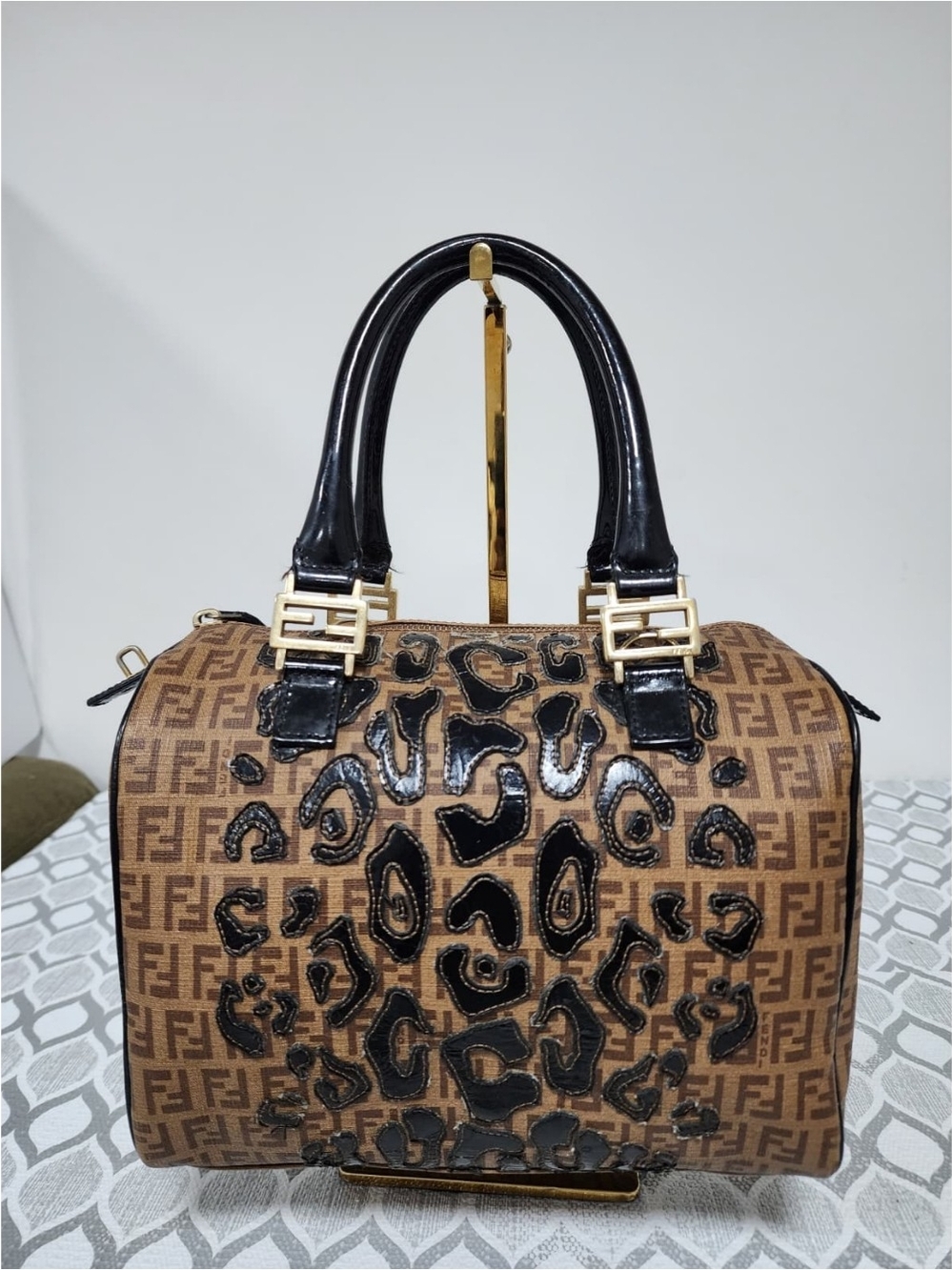 Fendi Zucchino Coated Canvas And Patent Leather Boston Bag Brown/Black